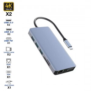 Hub USB-C - 2 port USB-A + USB-C + lecteur carte SD - Câble USB