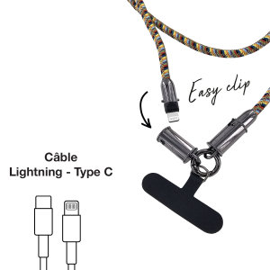 Tour de cou 1.2m avec cable intégré Type-C vers lightning - multicouleur